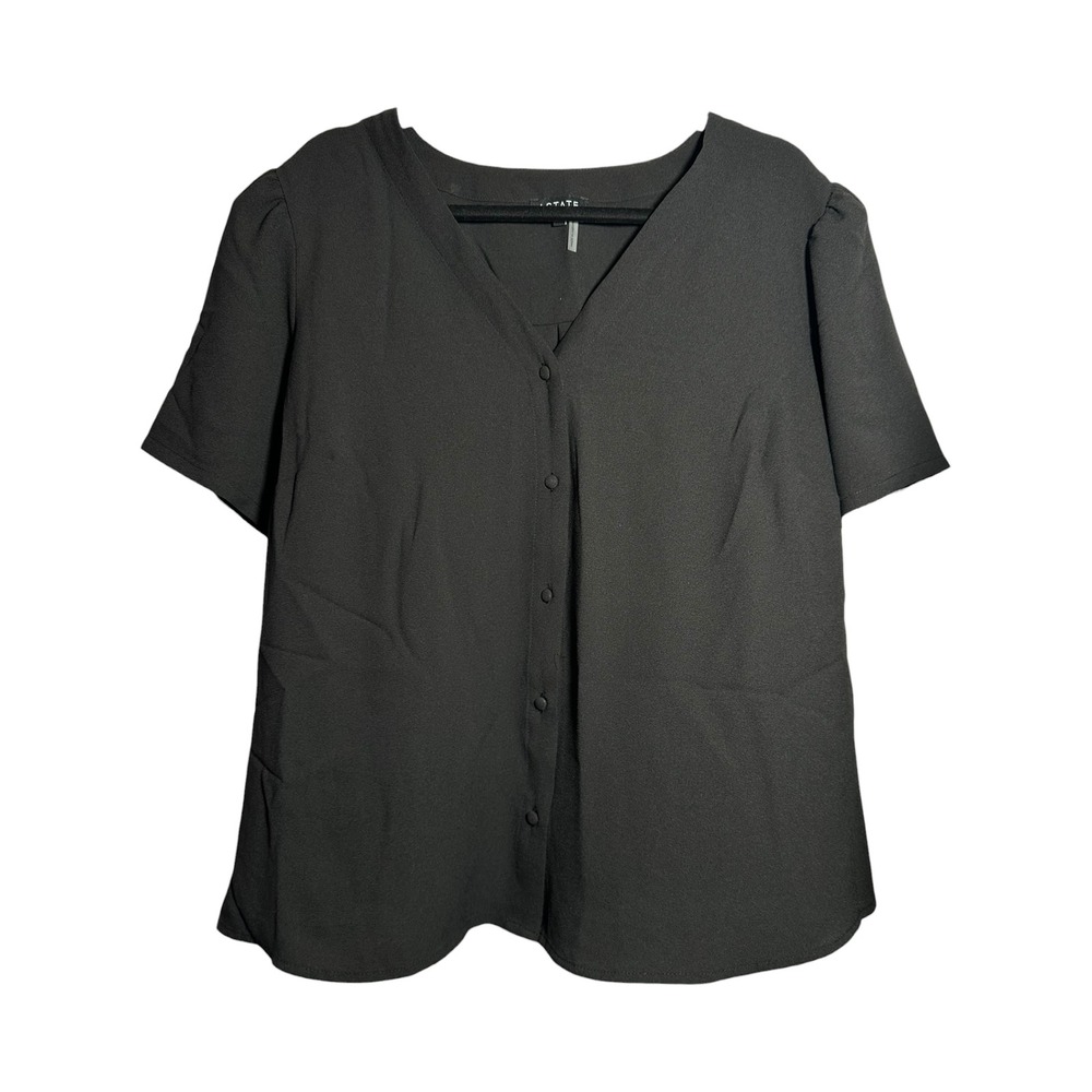 1.STATE Blouse Womens 1X Black V Neck Button Front Short Sleeve